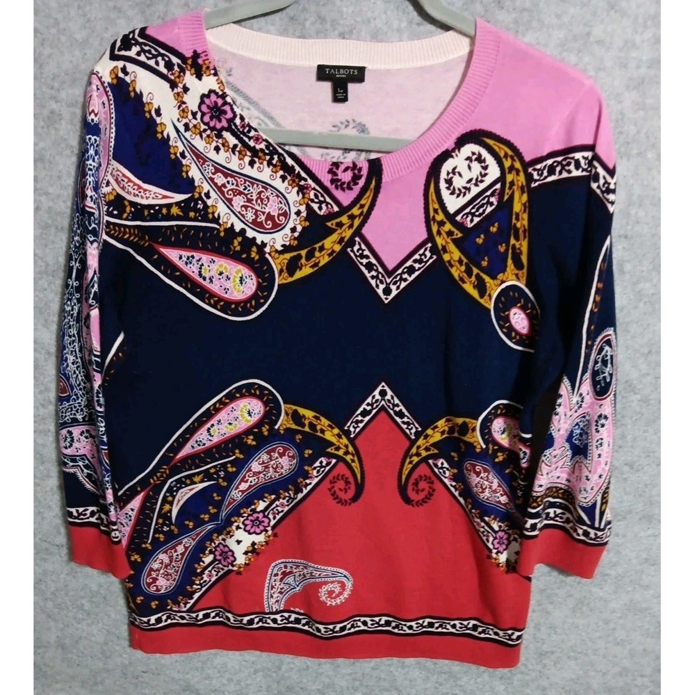 Talbots Bold Paisley sweater women LP 3/4 sleeve pull over Watercolor EUC